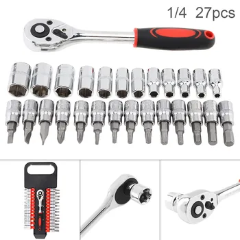 

27pcs/set 1/4 Inch Universal Muiltifunctional Ratchet Socket Wrench Tool Set with Screwdriver Heads for Car Repair Spanner Kit