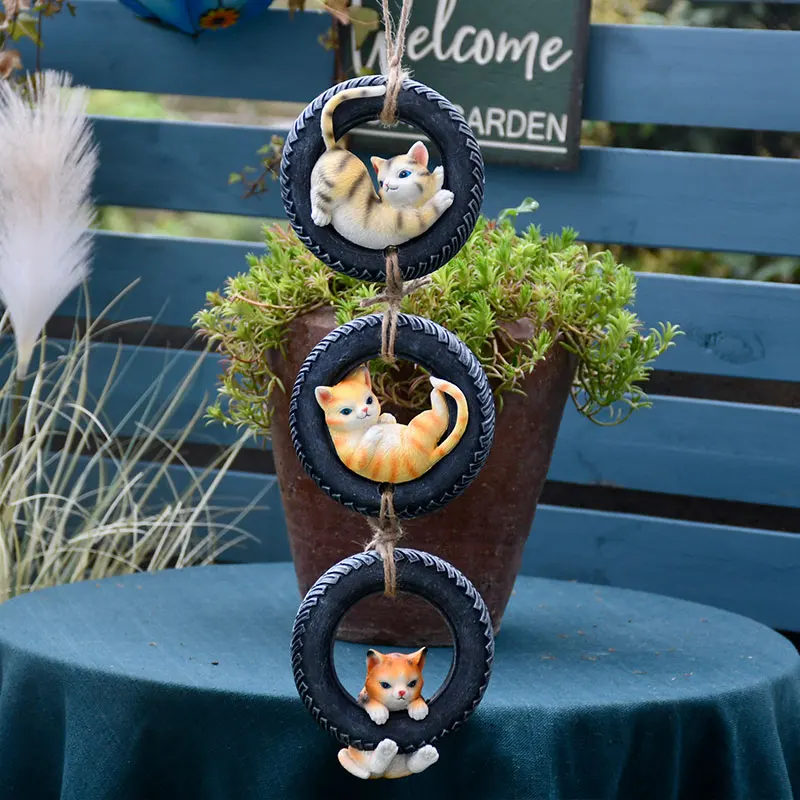 

3pcs/Set Creative Cute Hang Tire Cat Resin Statue Garden On Tree Decorative Pendant Indoor Outdoor Decor Ornament