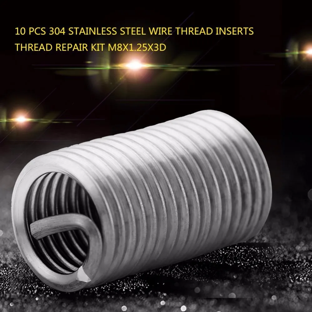 10Pcs M8x1.25x3 Diameter Stainless Steel Wire Thread Insert Wire Screw Sleeve Inserts Thread Repair Kit Fastener Connection Tool