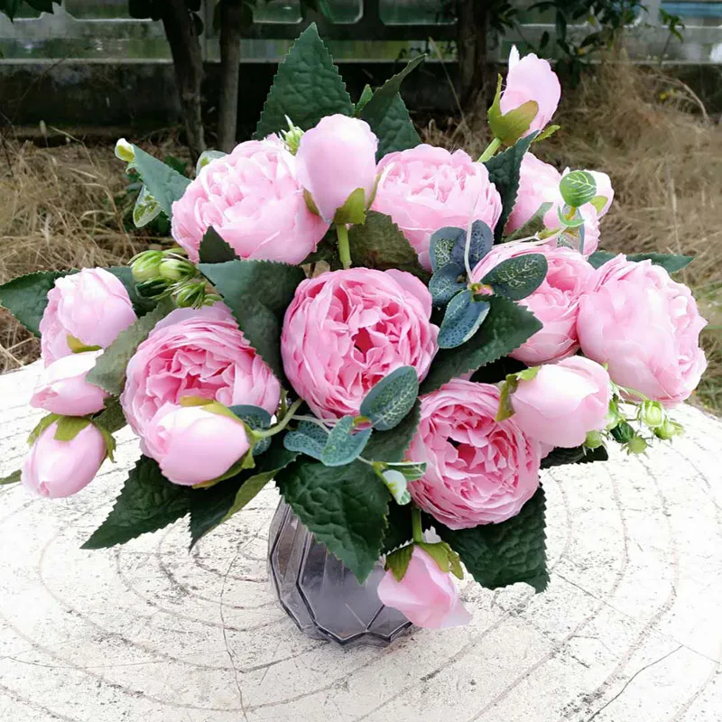 1 шт 5 цветочные бутоны и 4 большие искусственные бутоны цветок пиона искусственный цветок, растение, свадебная брошь, Шелковое Розовое Цветущая ветка