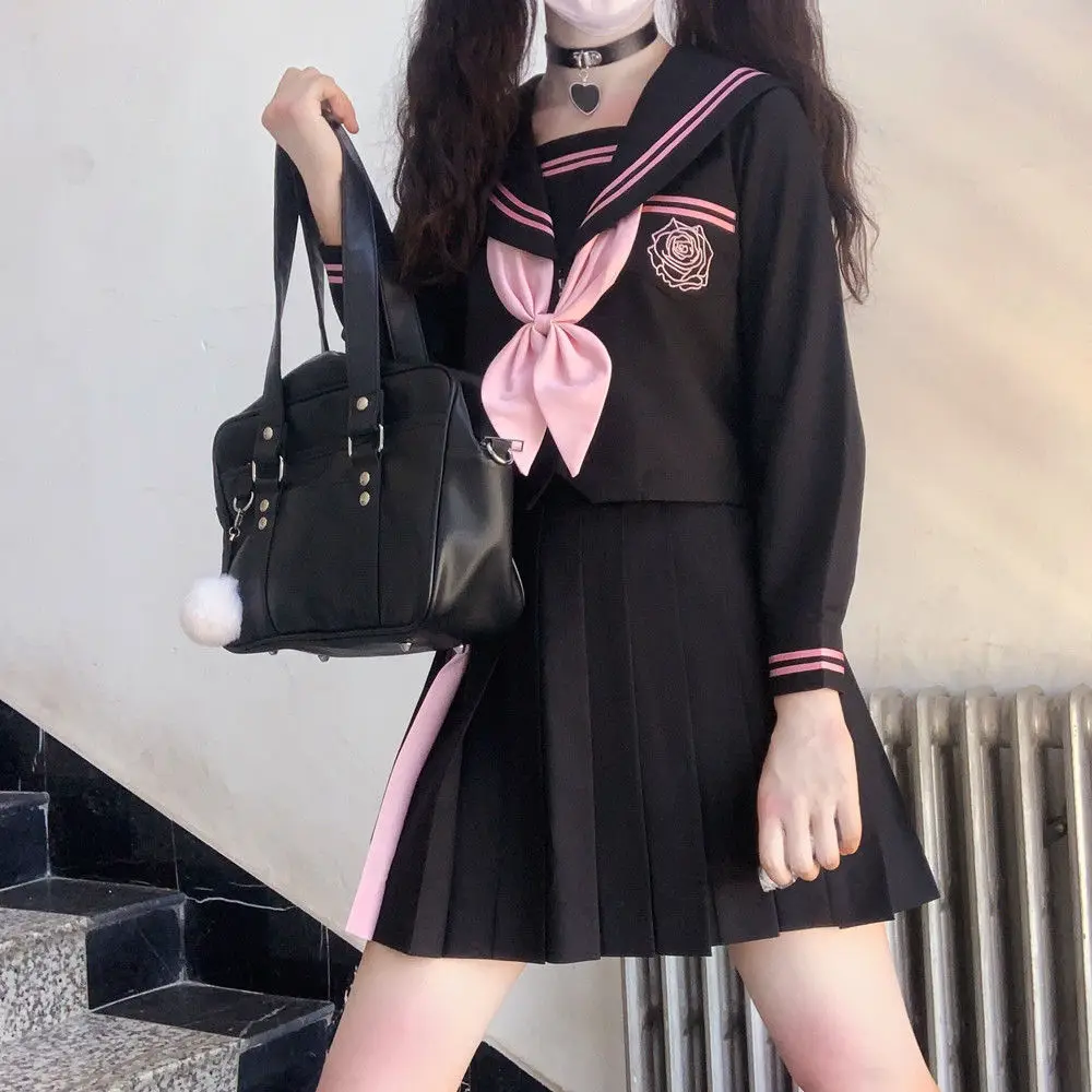 [devil\'s Tenderness] Diablo Jk Sailor Uniform Sets School Uniforms For Girls Embroidered Student Suit Long Sleeve Black Pink XL