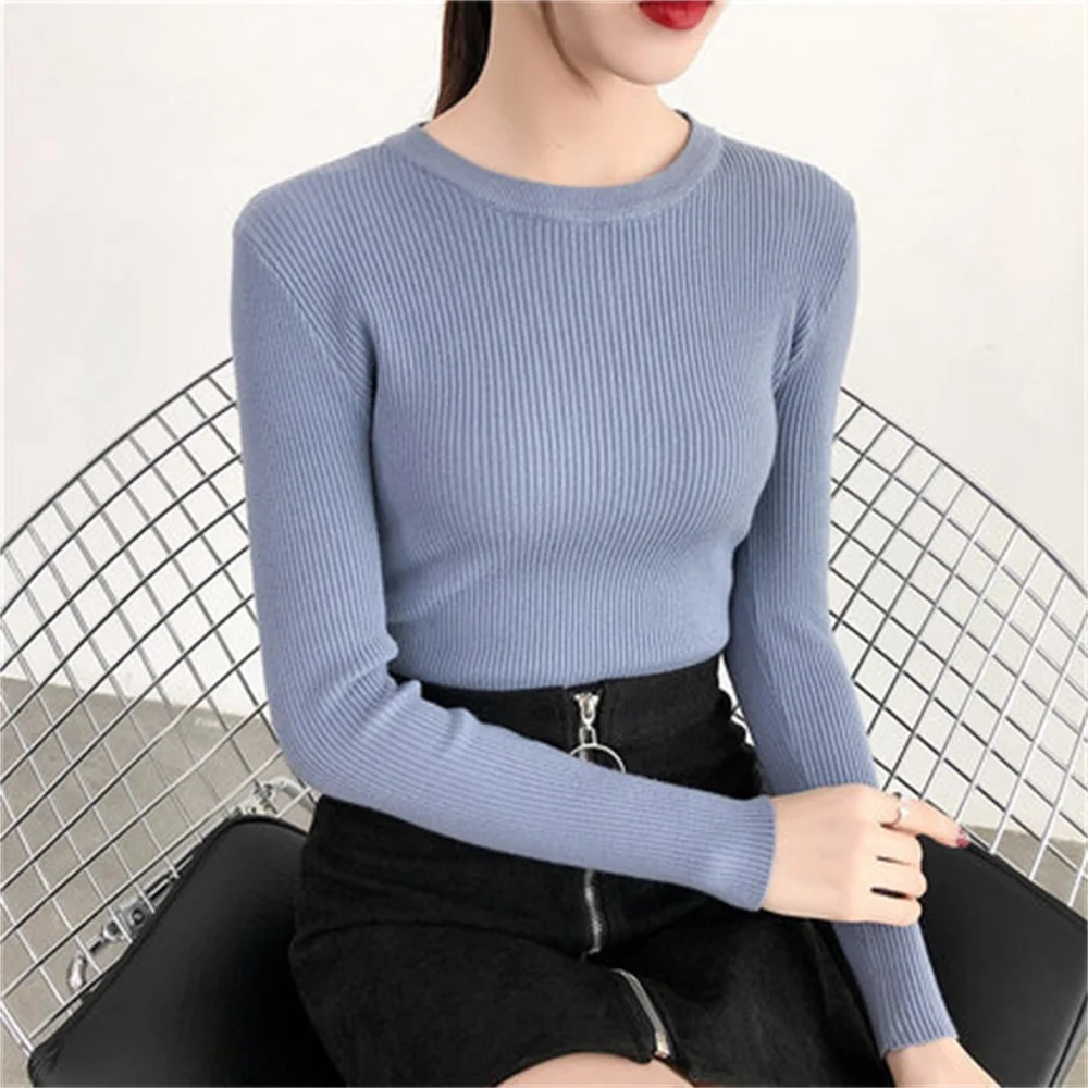 Light Blue GUMPRUN женский белый свитер зимние топы тонкие облегающие свитера модные женские с О-образным вырезом вязаный Повседневный пуловер с длинным рукавом - Цвет: Light Blue