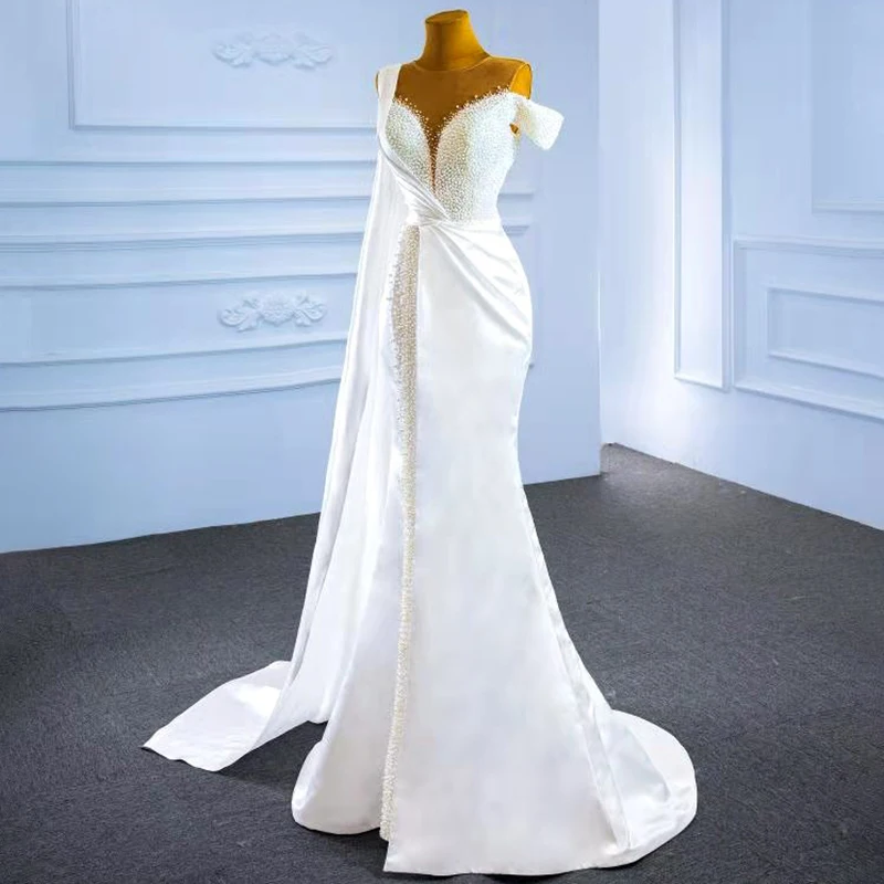 J67238 JANCEMBER Elegant White One Shoulder Short Sleeve Fishtail Wedding Party Dress Beading Deep V-neck Long Trailing Gown 5