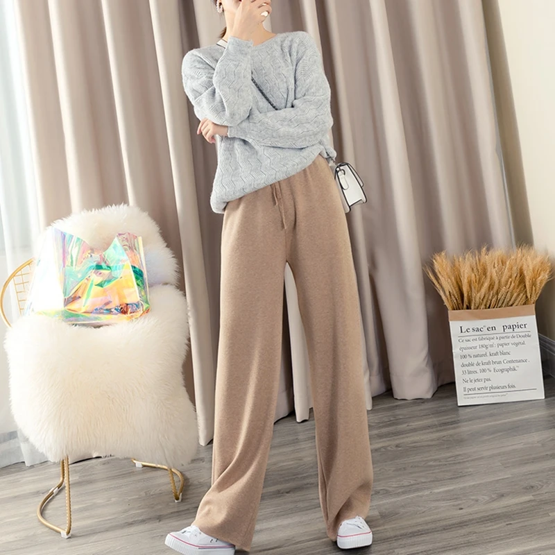 BYGOUBY Autumn Winter Thick Warm Women Wide Leg Pants Drawsring Full Length Moping Shaking Pant High Waist Casual Knit Trousers 2