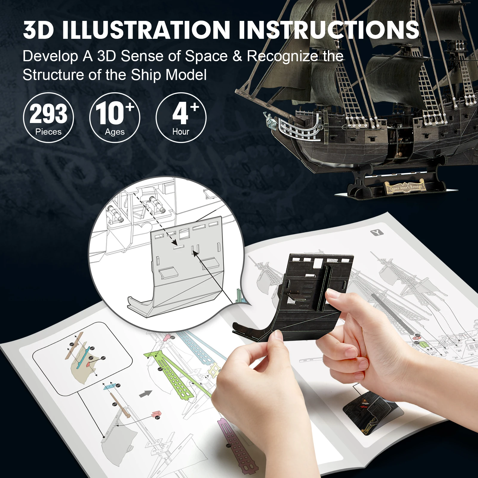CubicFun 3D Puzzle for Adults LED Pirate Ship, Large Queen Anne's Revenge Desk Puzzles, DIY Model Building Kits Toys For Teens 4