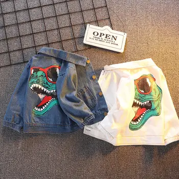 

Children Baby Little Boys Girls Jeans Jacket Denim Autumn Winter White Coat Dinosaur Toddler Clothes Turn Down Collar Kid Jacket