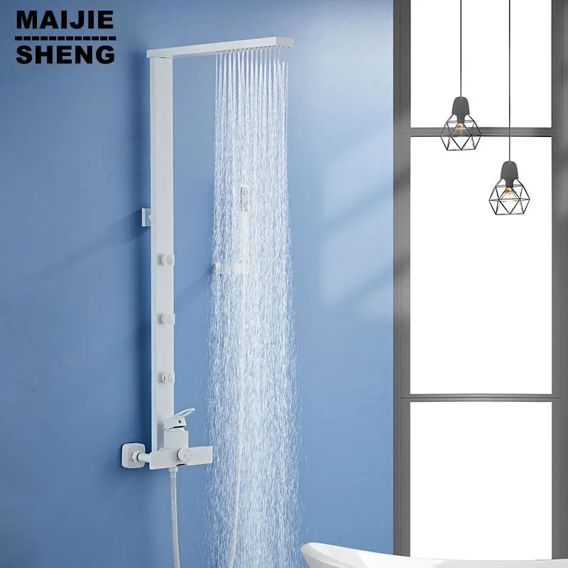 

White Shower Panel Column Rain Waterfall Shower Spa Jets Bath Shower Mixer Black Bathroom Rainfall Shower Set
