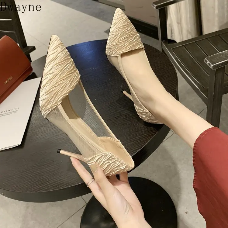

Elegant Comfort High Heels 2019 New Korean Fashion Pointed Thin Heels Single Shoes Satin Mesh Women's Shoes Temperament Pumps
