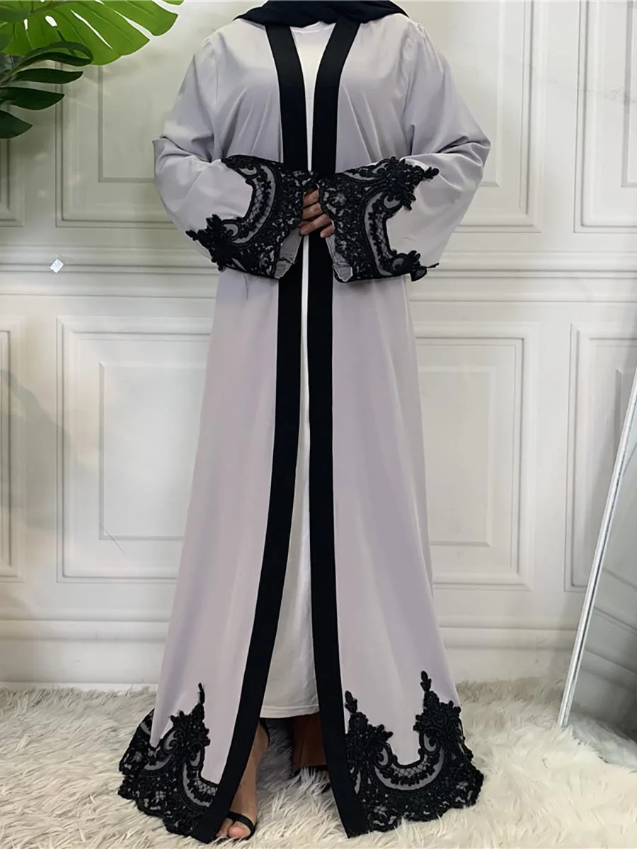 Middle East Fashion Ramadan Patchwork Lace Long Cardigan Muslim For Women Dubai Abaya Maxi Robe Kimono Turkish Islamic Clothing