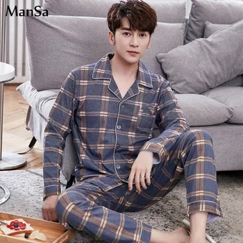 

Men's Pajamas Set Spring Autumn new Cotton Comfortable Male Pajamas Sets Long Sleeve lattice Sleepwear Top +Pant Leisure Outwear