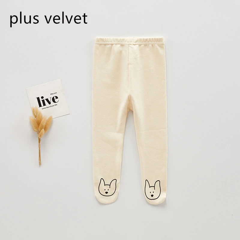 beige plus velvet Плотные бархатные леггинсы для малышей; теплые детские штаны с рисунком; сезон осень-зима; детские леггинсы - Цвет: beige plus velvet