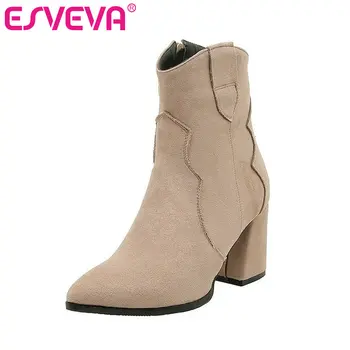 

ESVEVA 2020 Women Shoes Winter Ankle Boots Square High Heel Elegant Flock Pointed Toe Motorcycle Platform Boots Size 34-43