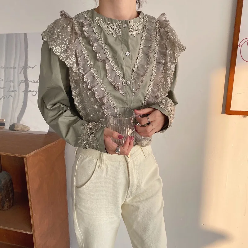REALEFT Spring Lace Patchwork Women's Shirts Female Blouse Long Sleeve Stand Collar Korean OL Style Women Elegant Blouses