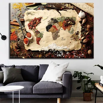 

Herbs and Spices for Cooking World Map Oil Painting on Canvas Posters and Prints Cuadros Wall Art Pictures For Living Room