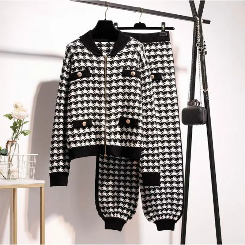 

Houndstooth Wool Knit Cardigan Jacket Coats Two-piece Set Women Autumn Winter Elasticated Waist Pants Fashion Set tracksuit