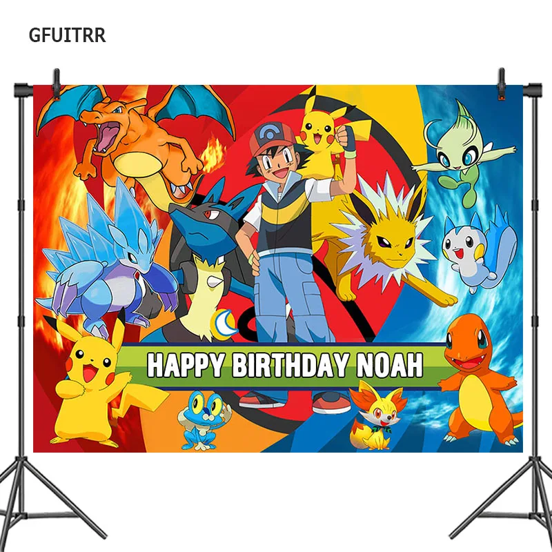 

GFUITRR Pokemons Birthday Photography Backdrop Boys Photo Background Vinyl Photo Props