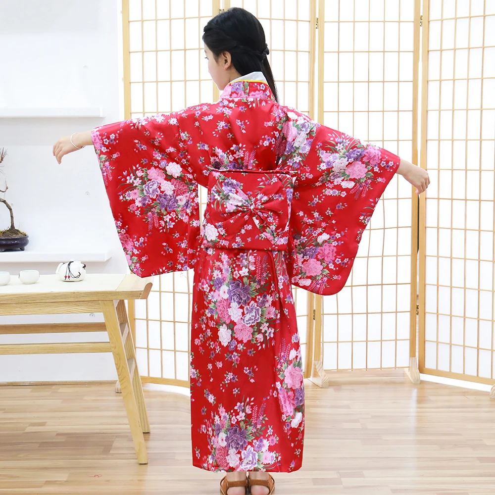 Children Girls Red Japanese Kimono Bathrobe Gown Print Flower Performance Clothing Yukata With Obitage Soft Cosplay Costume