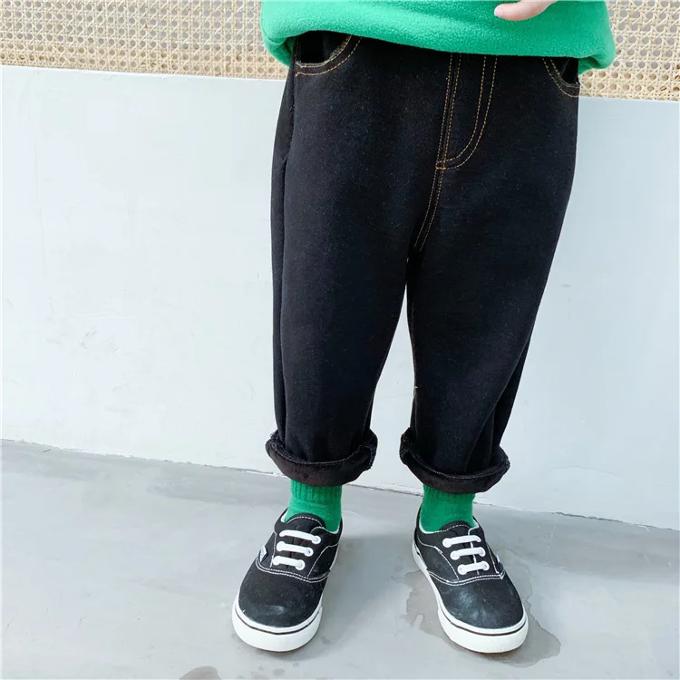 Baby Brushed And Thick Knit High-waisted Bellyband Imitation Jeans Big Pp Pants