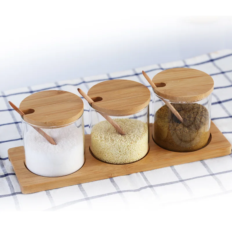 3 In 1 Glass Herb Spice Tool Cruet Glass Salt Sugar Tea Dry Goods Storage Tank with Wooden Spoon Kitchen Utensils Spice - Color: 3-piece suit