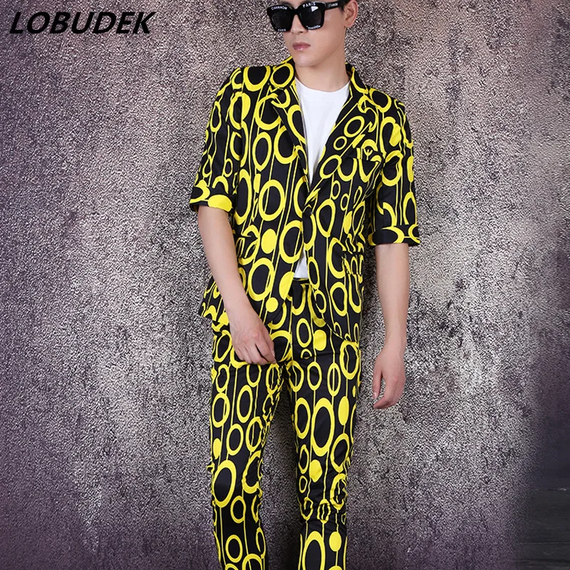 

Yellow Dot Pattern Blazer Pants Thin Summer Short Sleeve Men's Suit Tide Male Singer Host Nightclub Concert Stage Outfit Costume