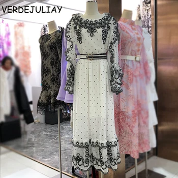 

VERDEJULIAY Runway Fashion White Lace Dress Spring Autumn Long Sleeve Flower Embroidery Ruffles Dots Print Party Elegant Dresses