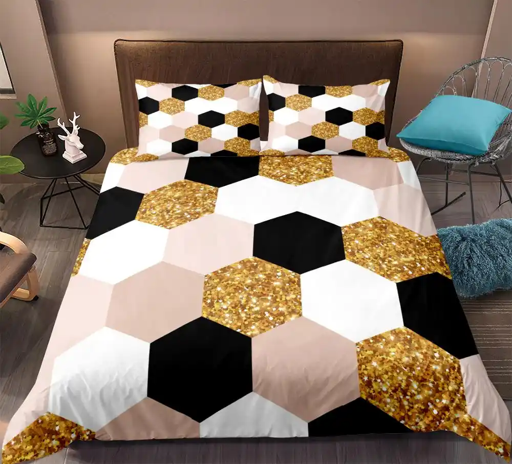 Hexagon Texture Duvet Cover Set Gold Black And White Geometry