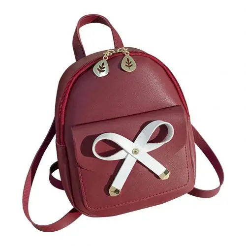 Mini Backpack Women Outdoor Travel Bowknot Faux Leather Multi-Function Small Backpack Knapsack Female Student Shoulder Bag - Цвет: Wine Red