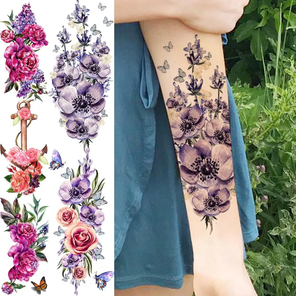 Watercolor Lily Flower Butterfly Temporary Tattoos For Women Adult Girl  Peony Rose Anchor Fake Tattoo Arm Waterproof Tatoo Decal - Temporary Tattoos  - AliExpress