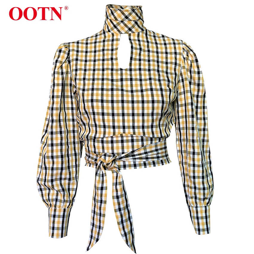 Женская клетчатая блузка с открытой спиной OOTN Элегантная водолазка длинным