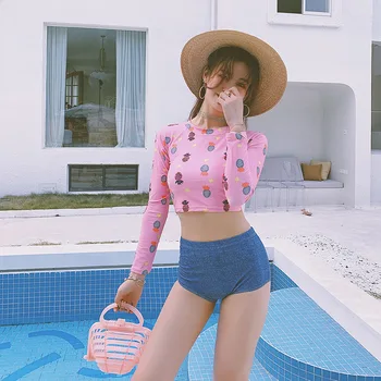 

Push Up Swimsuit For Women Woman Bikini Swimming Suit Two Piece Legged Long Sleeve Cover Thin Girl Korean Hot Print Polyester