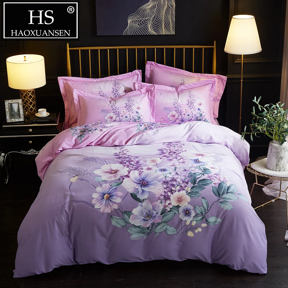 

Floral Print Sanding Cotton Bedding set Violet Pink 4Pieces Blooming Flowers Duvet Cover Soft Warm for Winter Queen King Size