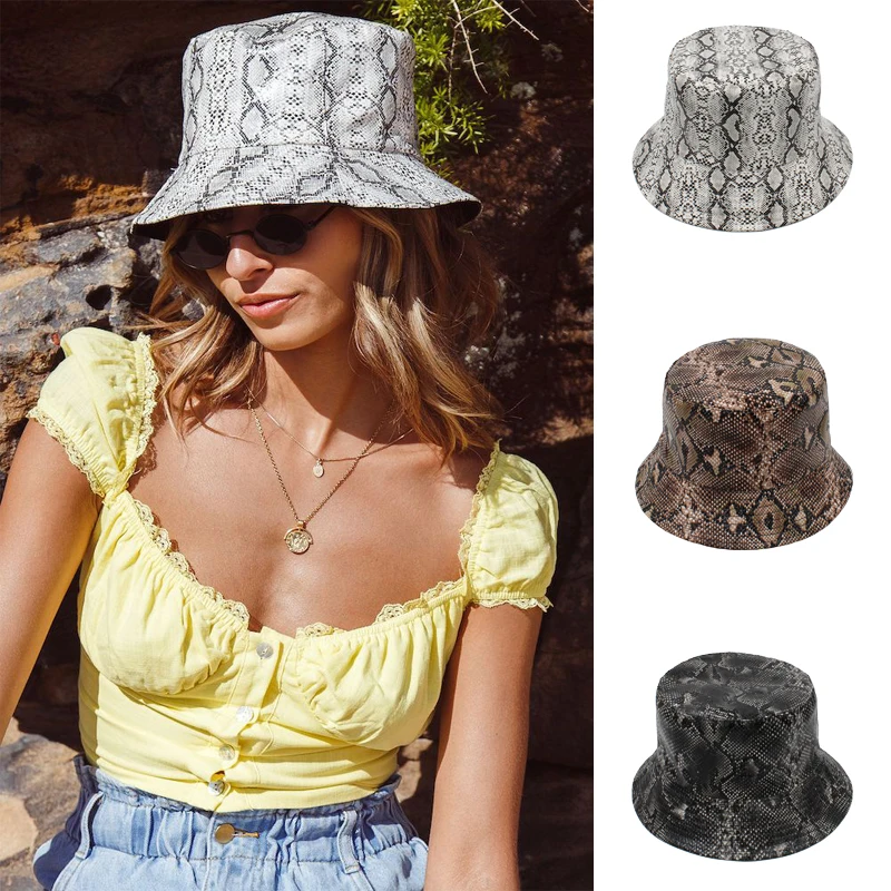 

Men Women Snakeskin Pattern Leather Fisherman Caps Hip Hop Street Style Bucket Hats Party Beach Travel Sunhat Size US 7 1/4 UK L