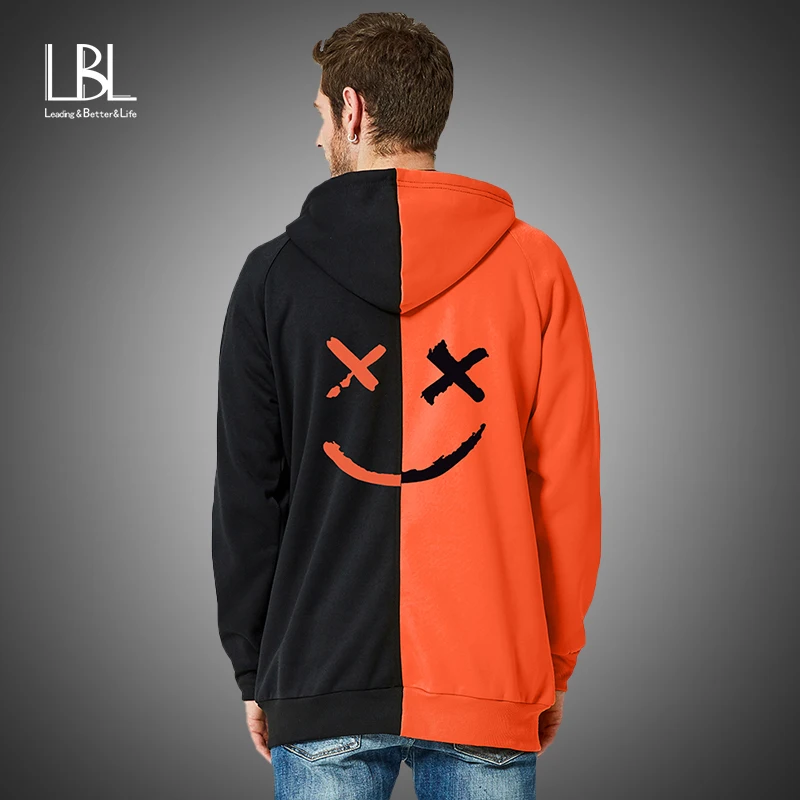 

2019 Mens Hoodies Sweatshirt Happy Smiling Face Print Mens Patchwork Hoodies Long Sleeve Hooded Pullover Jumper Sweatshirts Men