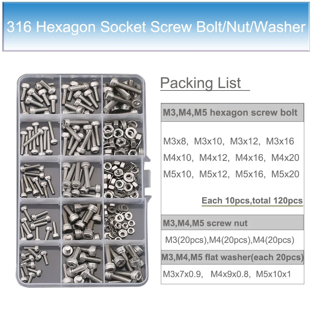 240pcs/box Stainless Steel Hexagon Socket Bolt and Flat Washer Hex Nuts Set Cup-head Screw Cylinder Head screws 304/201/316 |