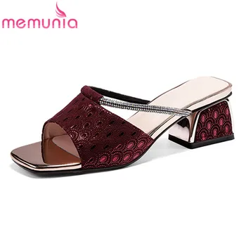 

MEMUNIA 2020 newest genuine leather shoes women slipper elegant crystal square heel summer slipper ladies party wedding shoes
