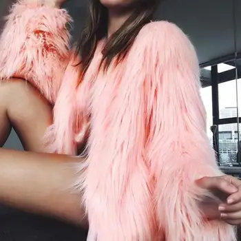 

Fashion Furry Faux Fur Coat Women Fluffy Warm Long Sleeve Female Outerwear Autumn Winter Coat Jacket Hairy Collarless Overcoat