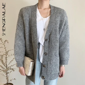 

SHENGPALAE Korean Chic Knitted Cardigan Autumn And Winter V-neck Single-breasted Loose All-match Thick Sweater Coat 2020 ZT1124