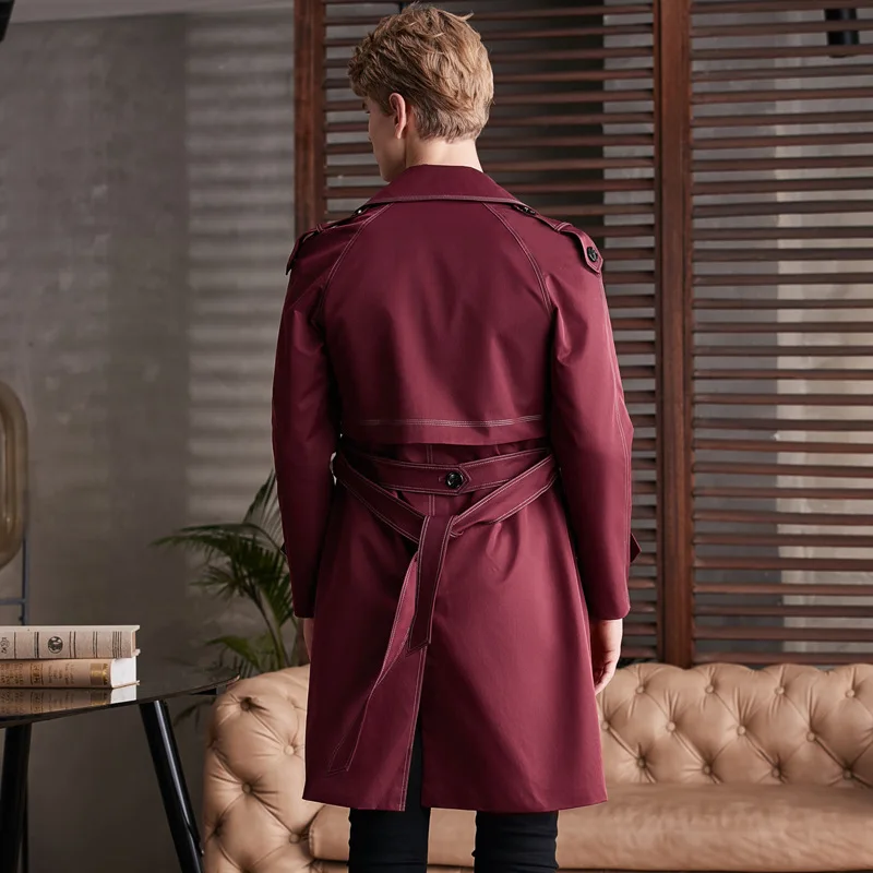Wine red men Trench Coat Hesperian Style long windbreaker spring autumn color contrast fashion Handsome claret Overcoat