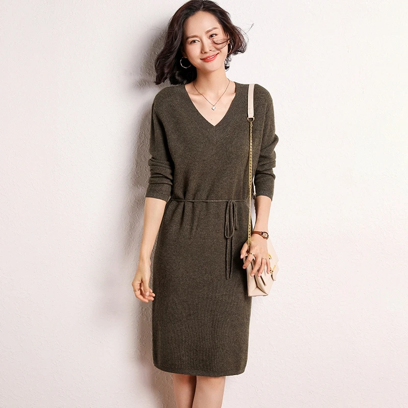 

2019 Autumn and Winter New 100% Cashmere Sweater Female V-Neck Long Pullover Dress Loose Knit Bottoming Skirt