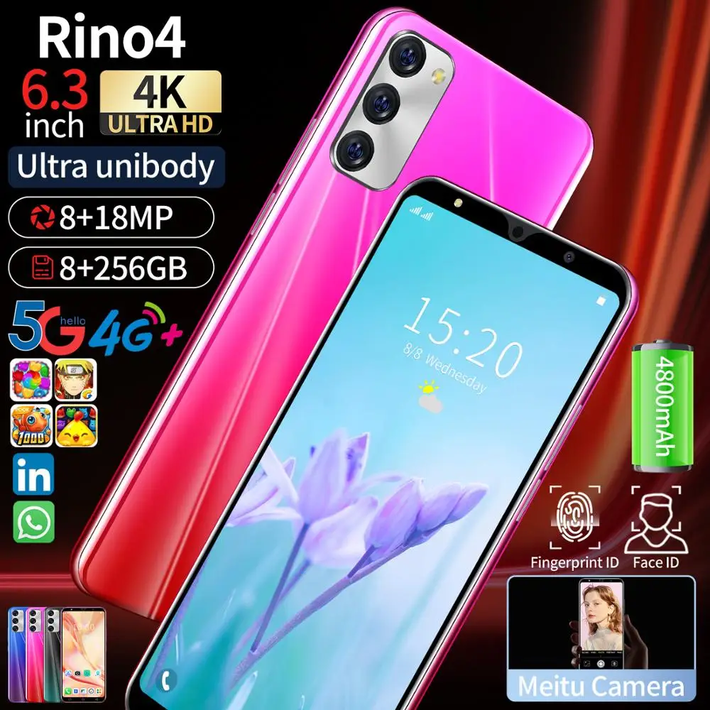 

Strong Storage 8GB 256GB Deca Core 4800mAh Mobile Phone Snapdragon 865 4G LTE Global Version 4K HD Full Screen Rino 4 Smartphone