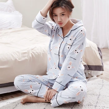

100% Cotton Casual Striped Pajamas Sets For Women 2020 Autumn Winter Long Sleeve Pyjama Pijama Homewear Loungewear Home Clothing