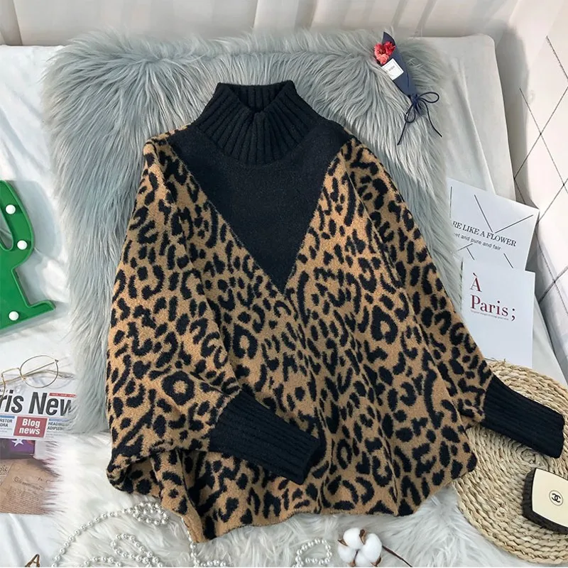 Leopard sweater Pattern Colorblock Sweater Femal Bat Sleeve High Collar Loose Large Size Side Slit Mid-length Pullover Jumpers W | Женская