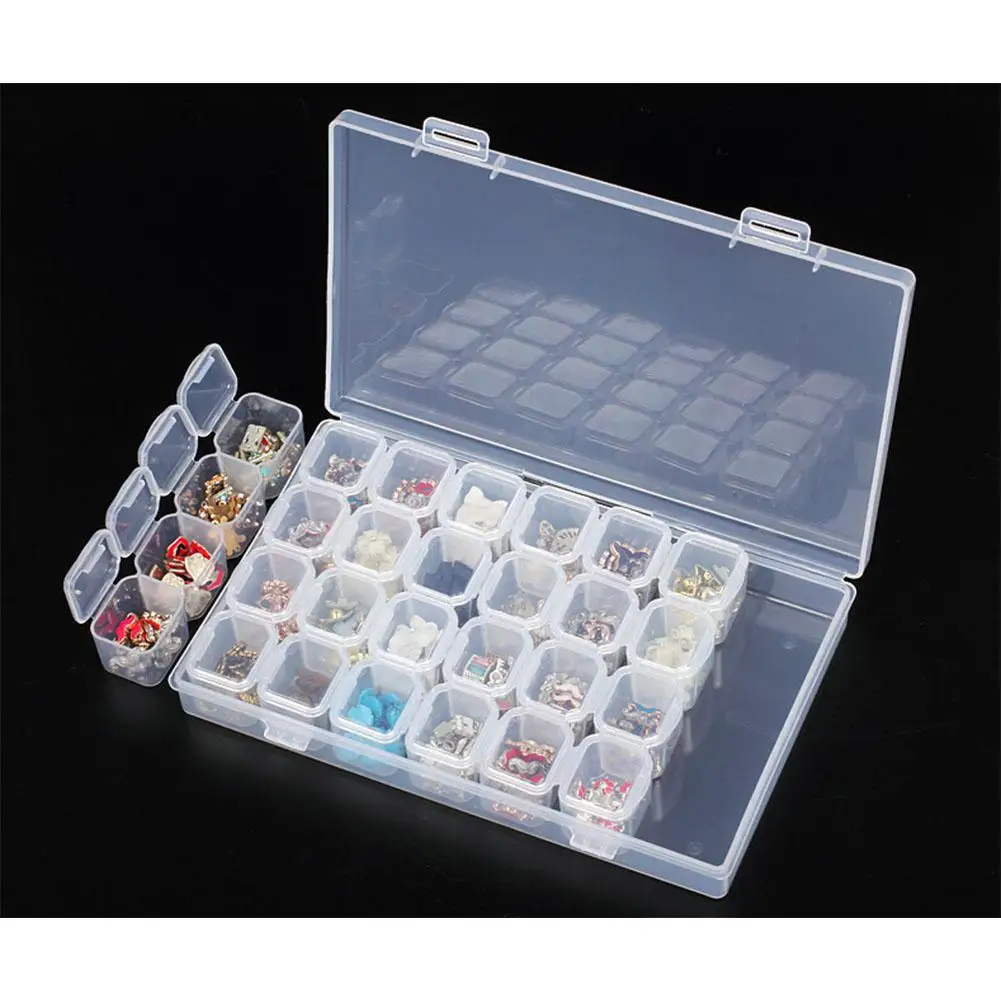 

HobbyLane 28 Slots Nail Art Storage Box Plastic Transparent Display Case Organizer Holder for Rhinestone Beads Rings Earrings