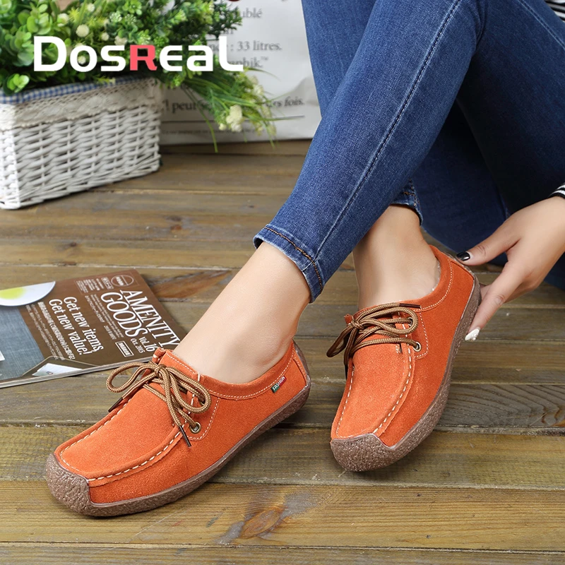 

Dosreal Women Flats Shoes Cow Suede Casual Shoes For Females Winter Shoes With Warm Fur Ladies Lace up Non Slip Snail Boat Shoes