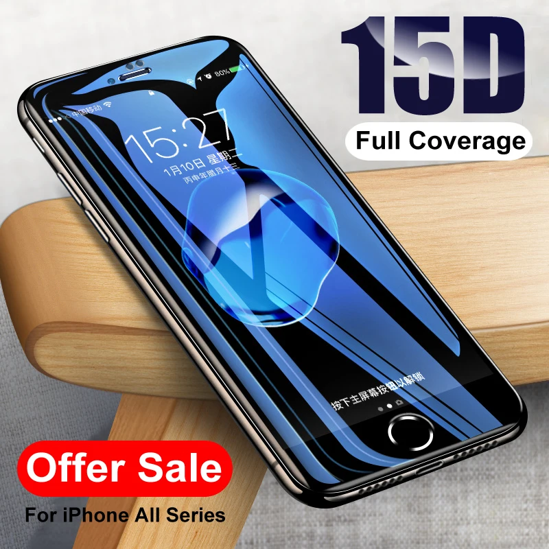 

15D Curved Edge Protective Glass on the For iPhone X XS Max XR 7 8 Tempered Screen Protector on iPhone 6 6S 7 8 Plus Glass Film
