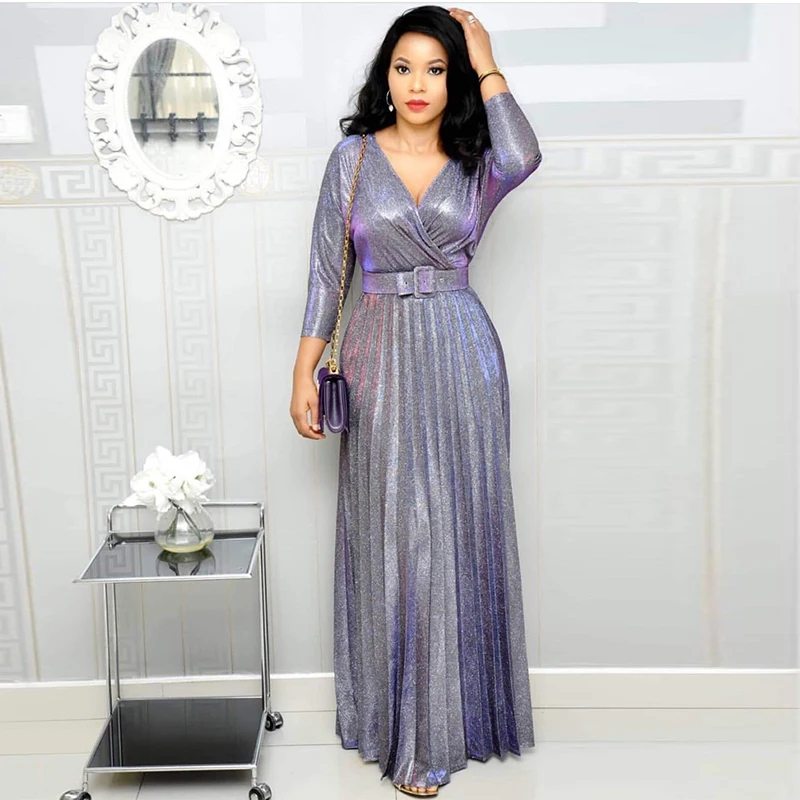 

Colorful Bronzing Elegant Pleated Dress Women Shiny DeepV Neck Long Sleeve Floor-Length Dress Vintage High Waist Sash Maxi Dress