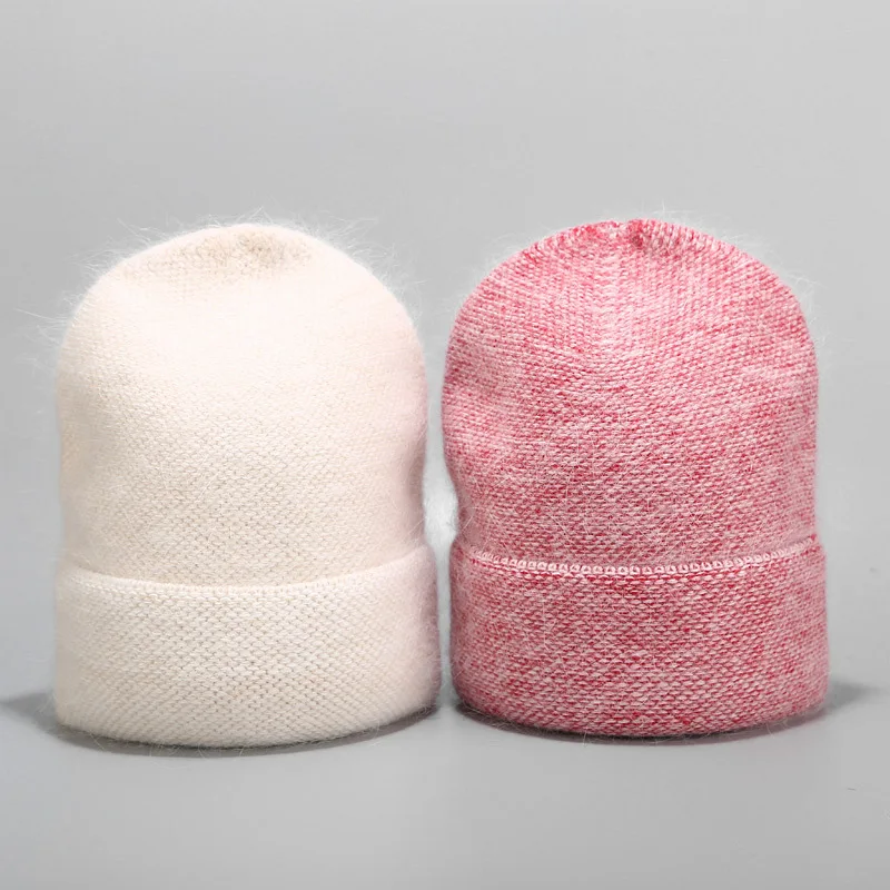 Женская шапка, зимняя Новинка, вязаная шапка из меха Ангорского Кролика, женские толстые теплые наушники, уличная ворсовая шапка Skullies& Beanies, шапки