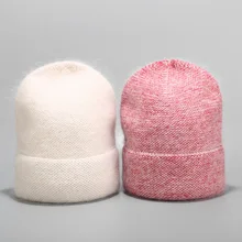 Женская шапка, зимняя Новинка, вязаная шапка из меха Ангорского Кролика, женские толстые теплые наушники, уличная ворсовая шапка Skullies& Beanies, шапки