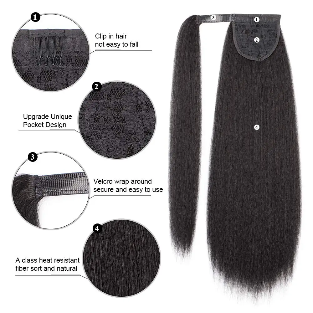 XINRAN Synthetic Yaki Ponytail Extension for Women Wrap Around Kinky Straight Ponytail Clip in Magic Paste Hairpiece 24 Inch