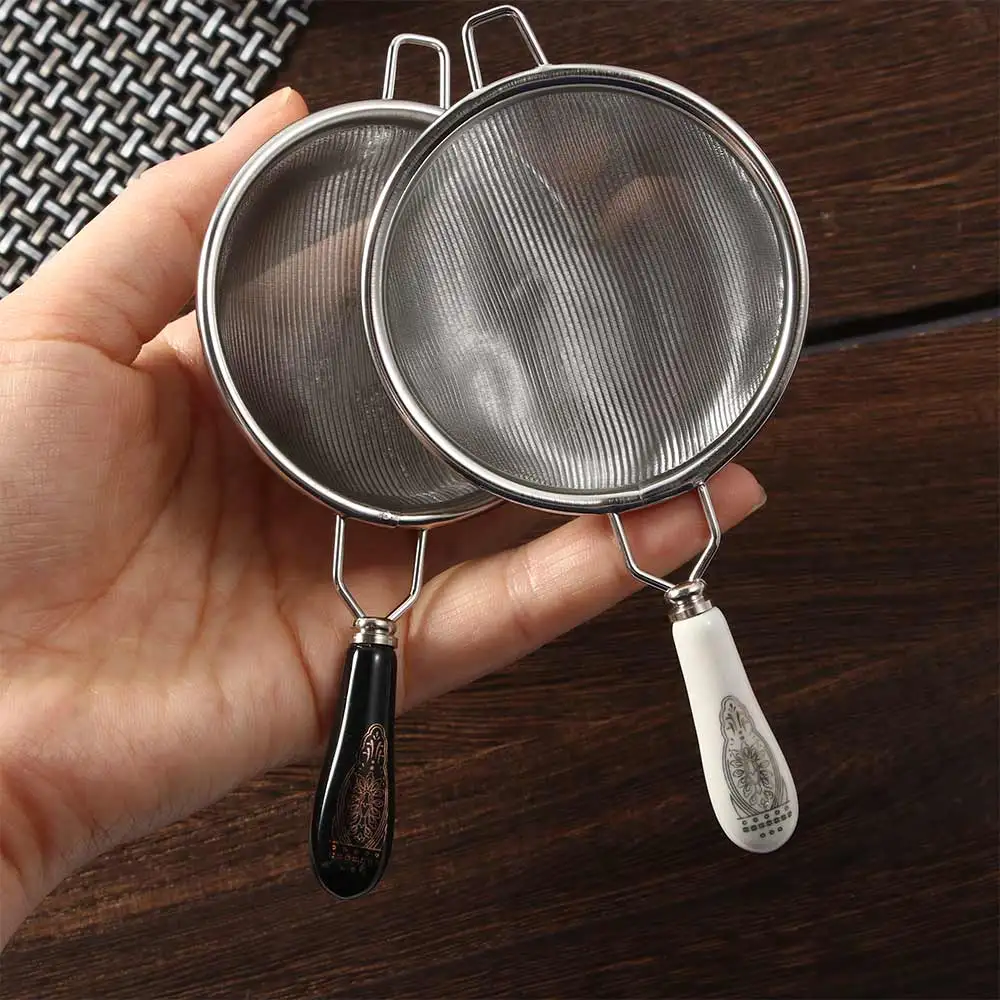 Chinese Vintage Tea Infuser Stainless Steel Dual Mesh Tea Strainer Loose Leaf Filter Ceramic Handle Accessories